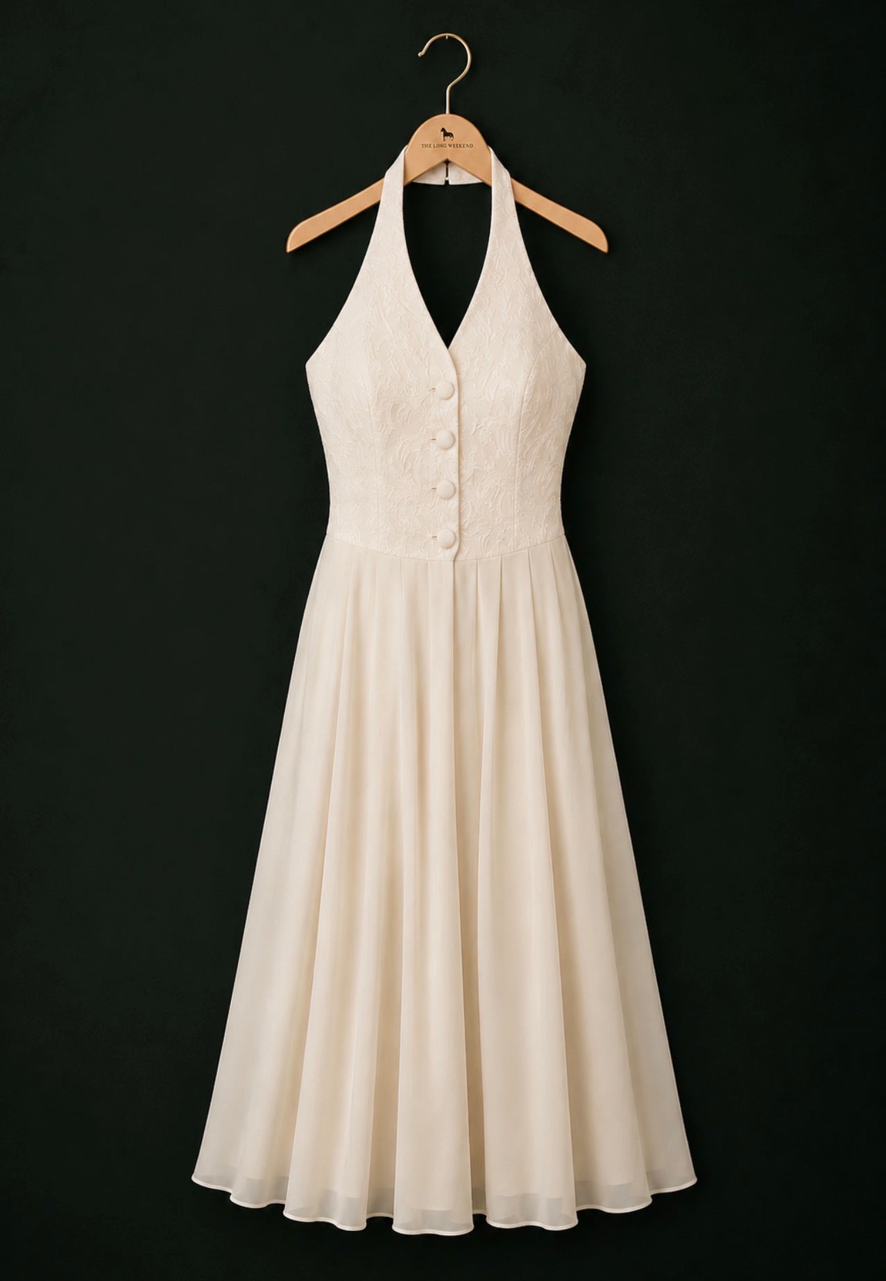 Vintage Pleated Satin Floral Bodice Halter Occasion Dress